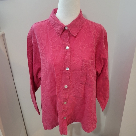 Chico's Tops - Chicos Linen And Cotton Blend Pink Whimsical Floral Button Up | Large